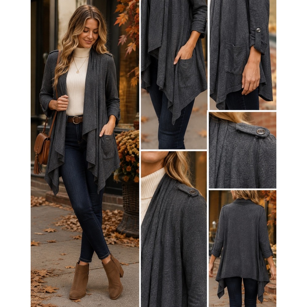 Women Small Charcoal Waterfall Cardigan Open Front Draped Pockets Stretch Fall